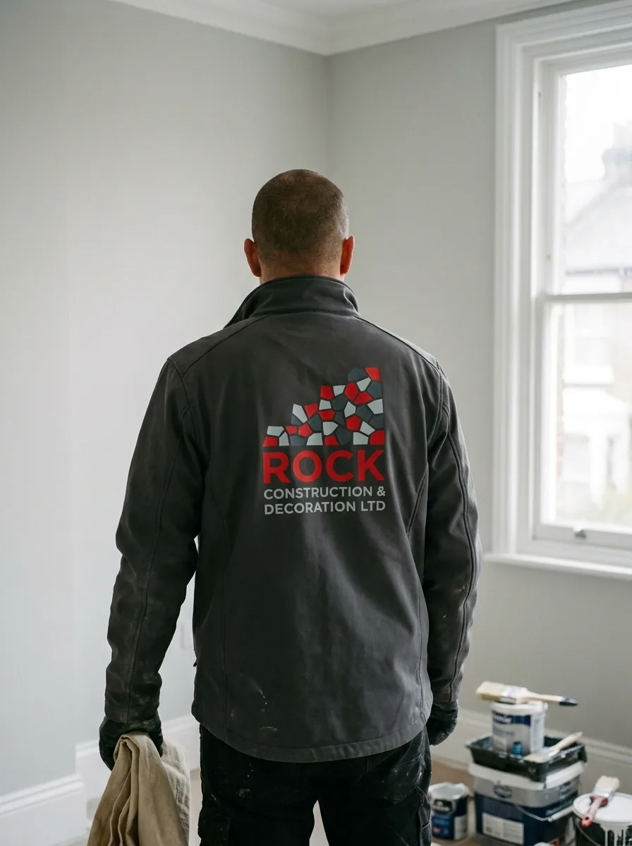 Rock Construction tradesman in branded workwear inspecting a finished room