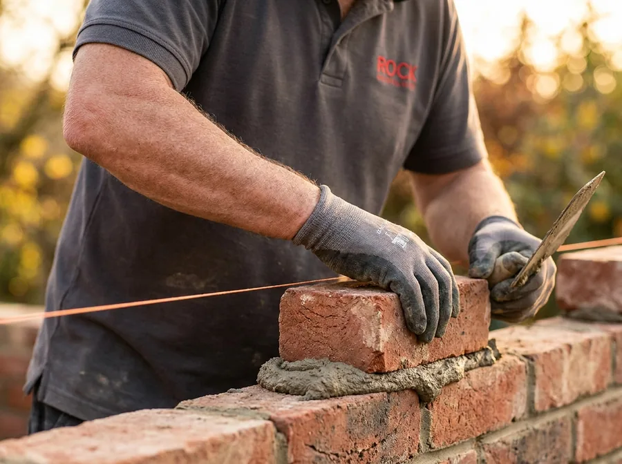 Bricklayer laying a brick against a string line