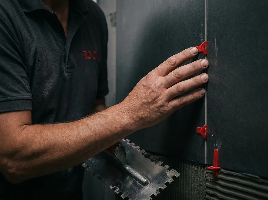 Tiler setting a large-format tile with levelling spacers